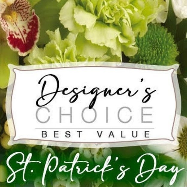 St. Patrick’s Day floral badge design featuring “Designer’s Choice Best Value” over green flowers and foliage.