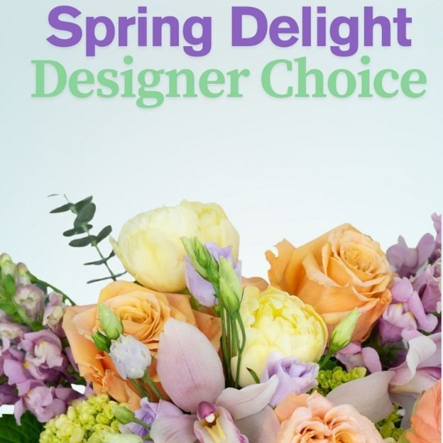 Colorful spring bouquet with roses and orchids beneath the text “Spring Delight Designer Choice.”