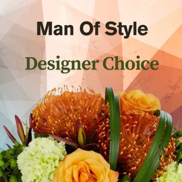 A floral arrangement with orange roses and green accents below the text 