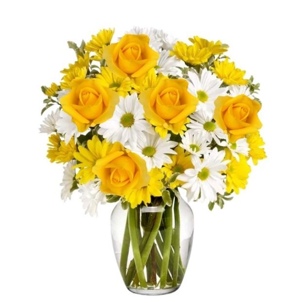 Bright bouquet of yellow roses and white daisies in a glass vase, featuring green stems and yellow accents.